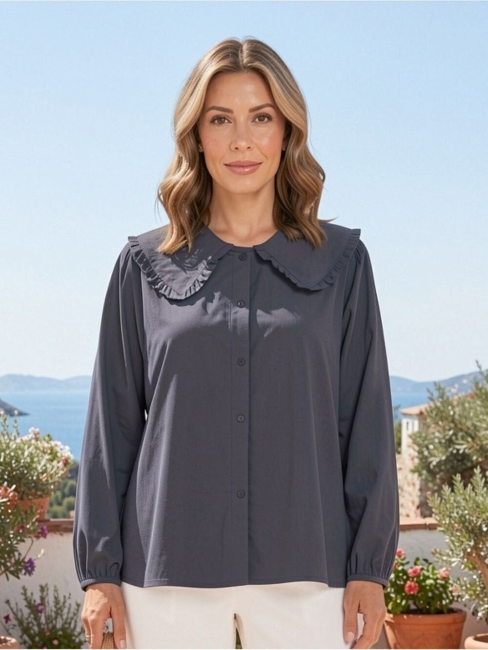 A New Day NWT Black Ruffle Peter Pan Collar Blouse Puff Sleeve Cotton Top XL